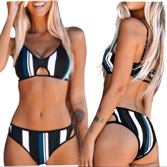 Two Piece Triangle Bikini Blue White Black Stripe Women’s Size Large NWT - Picture 1 of 8